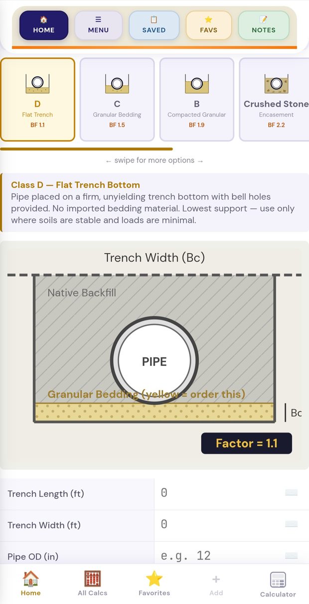 Pipe bedding calculator with cross-section diagram