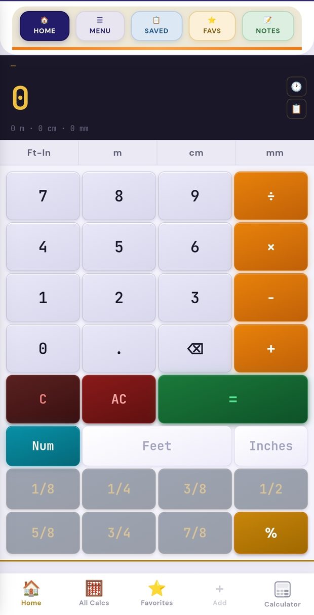 Feet and inches calculator keypad
