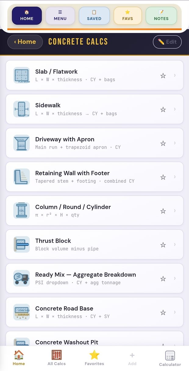 Concrete calculator list