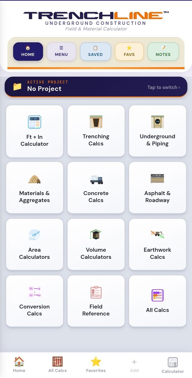 Home screen with calculator categories