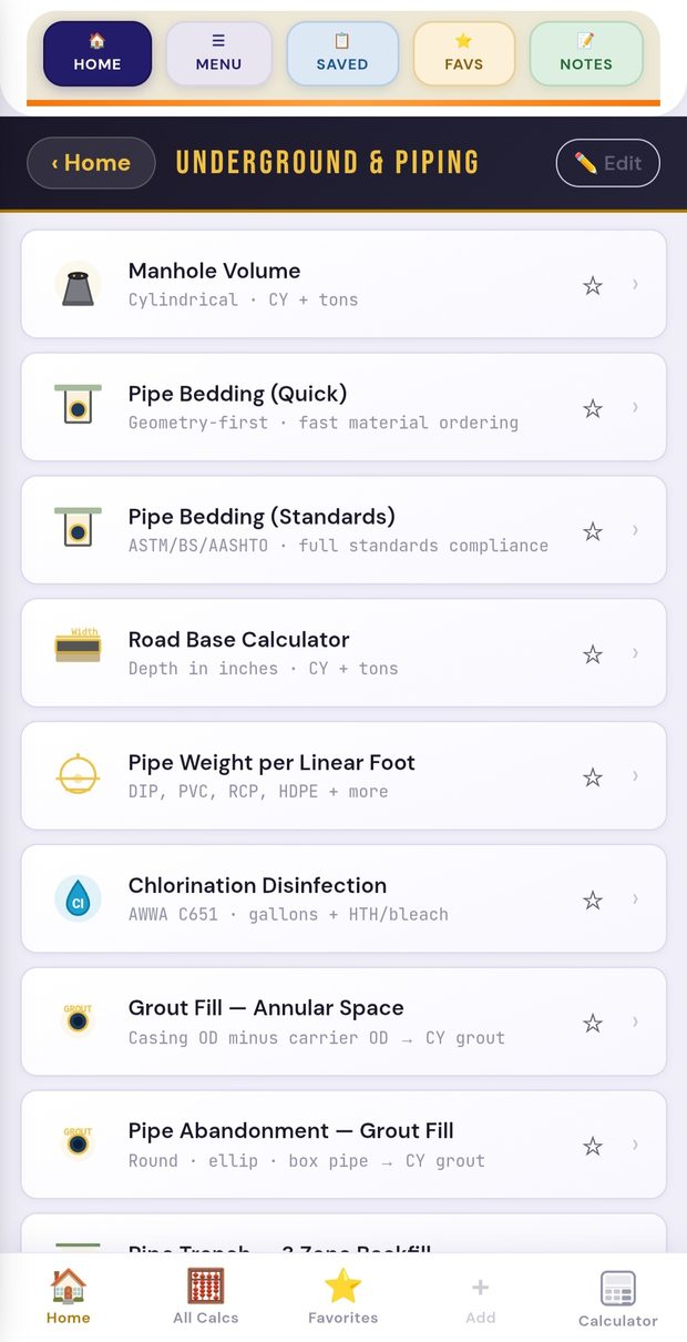 Underground and piping calculator list