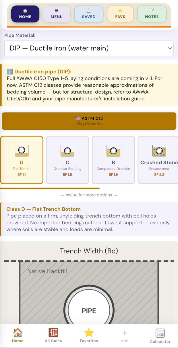 Bedding standards screen citing AWWA and ASTM